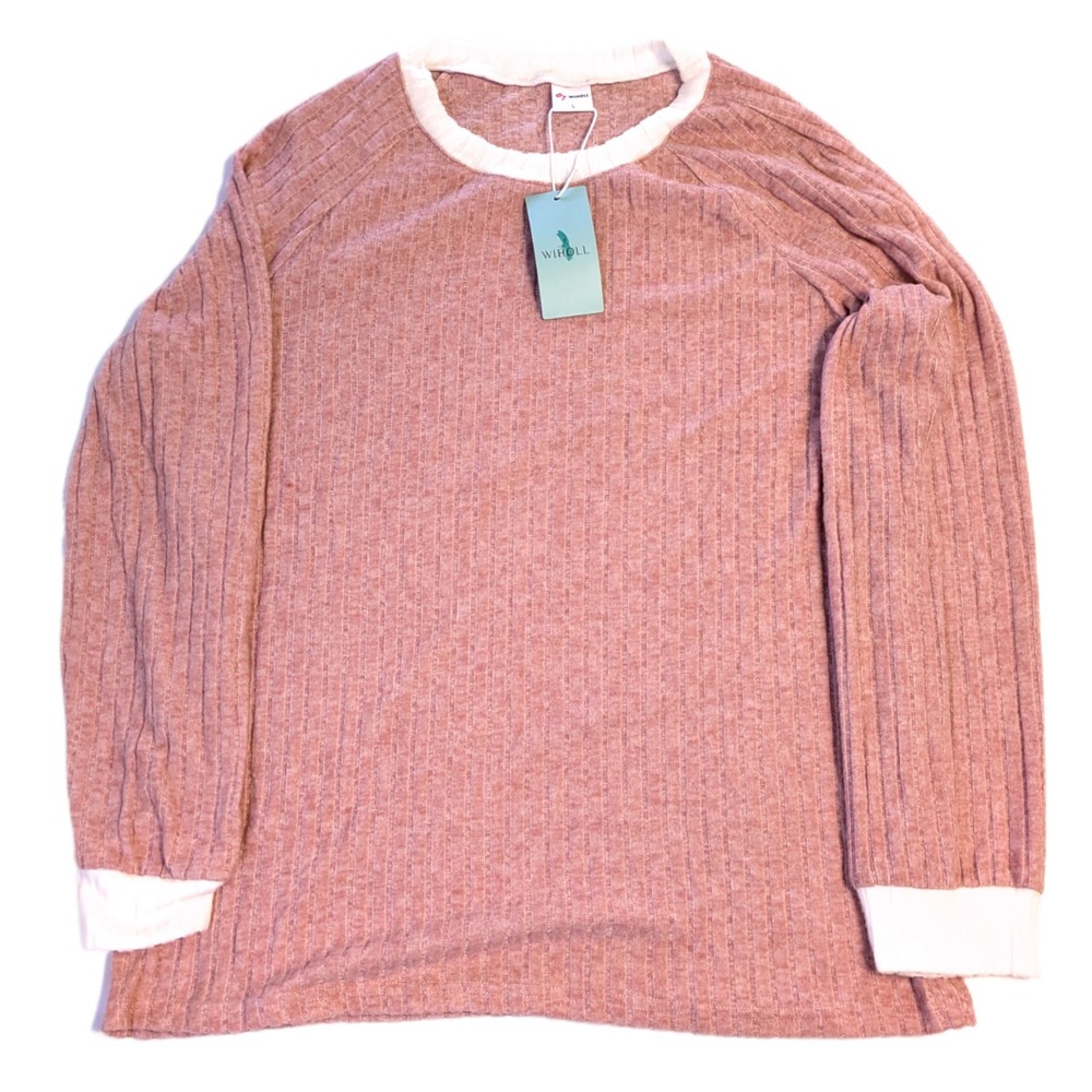 WIHOLL Womens Pink Ribbed Long Sleeve Crew Neck Raglan Top Size L NWT